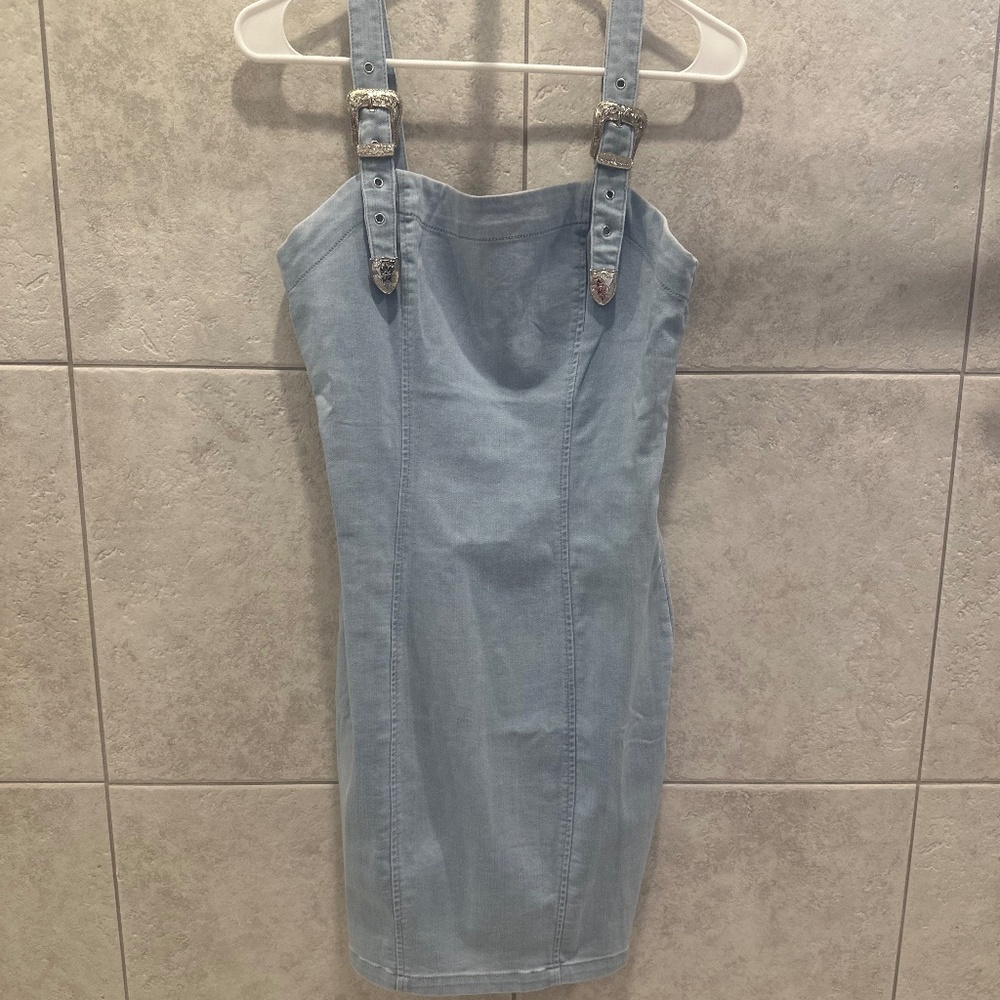 Light Denim Western Buckle Strap Dress | Size M